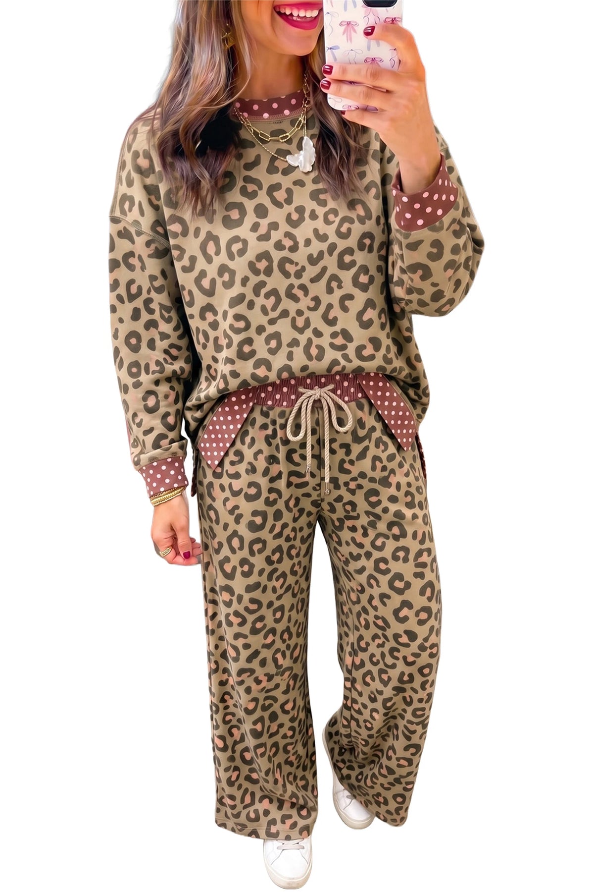 Brown Leopard Polka Dot Two Piece Pants Set