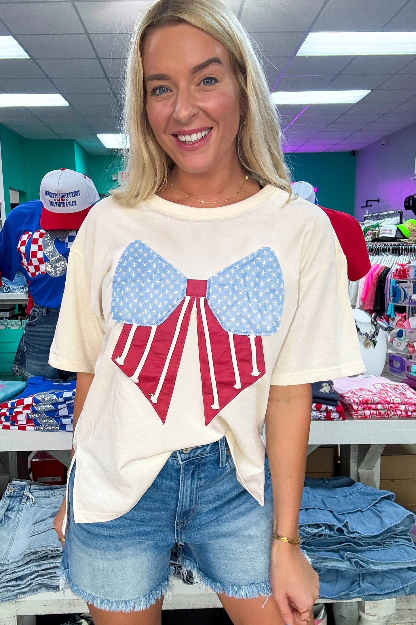 Patchwork Polyester Tee Casual Shift Short Sleeve
