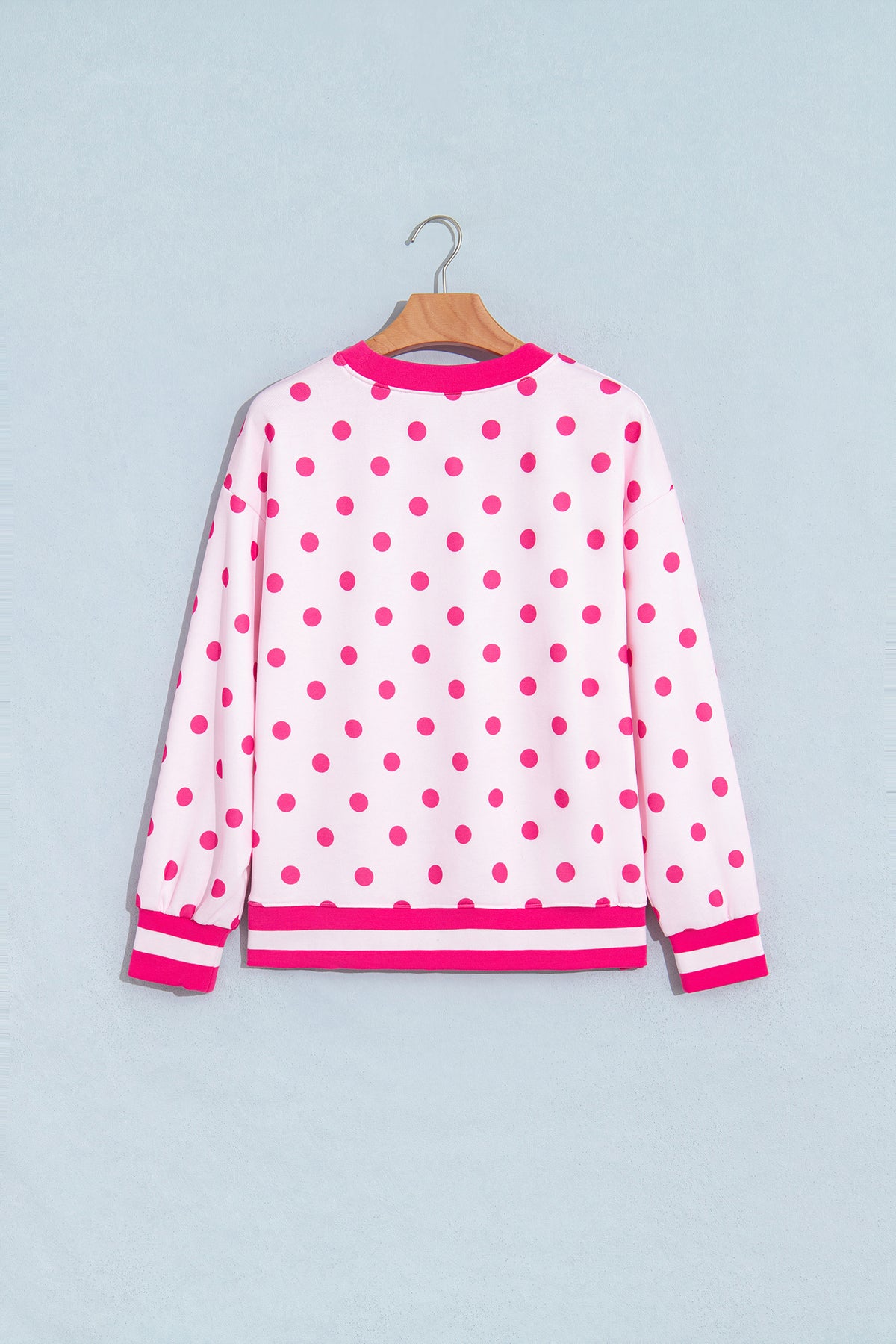 Pink Polka Dot Colorblock Round Neck Pullover Sweatshirt