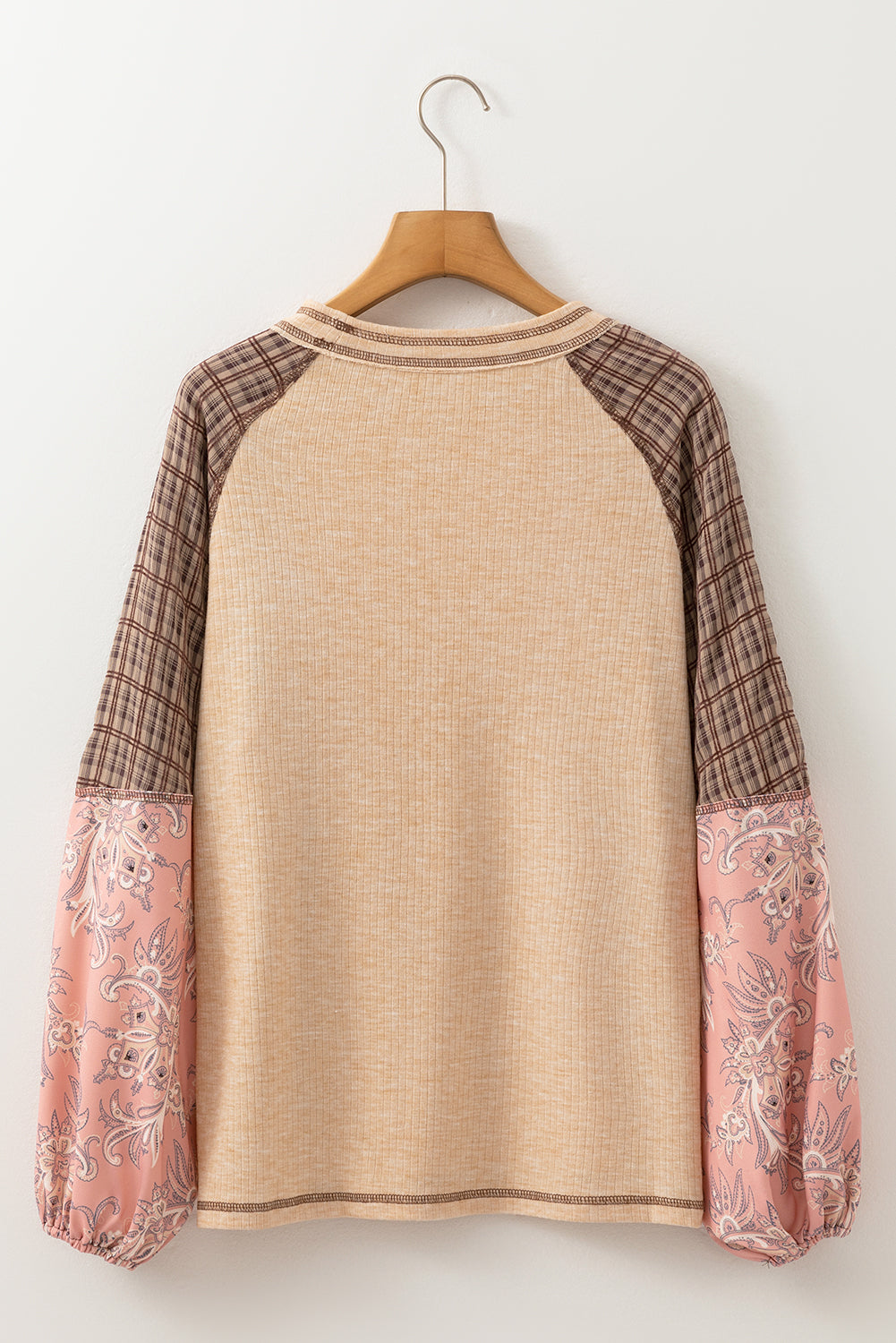 Mixed Print Raglan Sleeve Ribbed Knit Patchwork Blouse