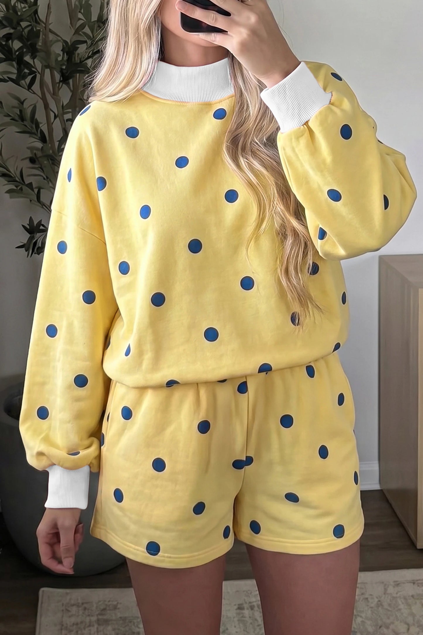 Brown Polka Dot Ribbed Trim Long Sleeve Top Casual Short Set