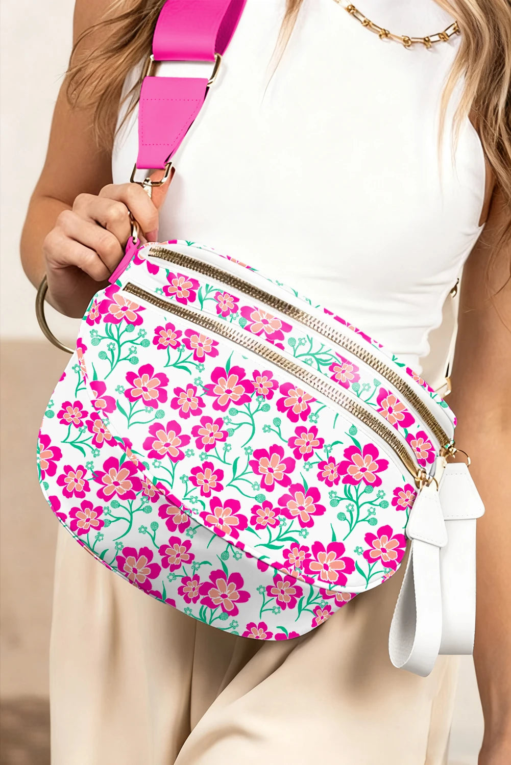 Rose Red Leopard Printed Double Zip Crossbody Bag