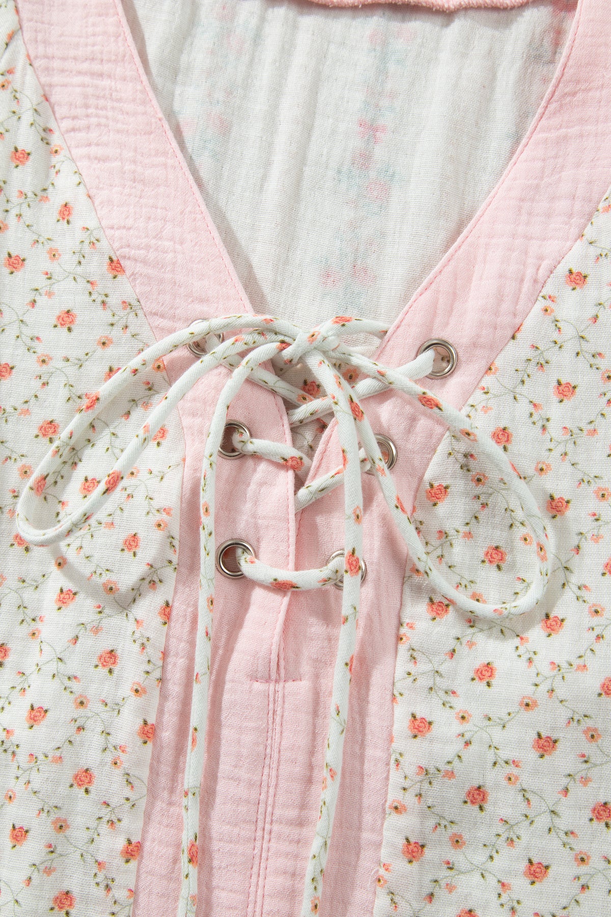 Beige Floral Print Color Block Trim Lace-up V Neck Long Sleeve Blouse