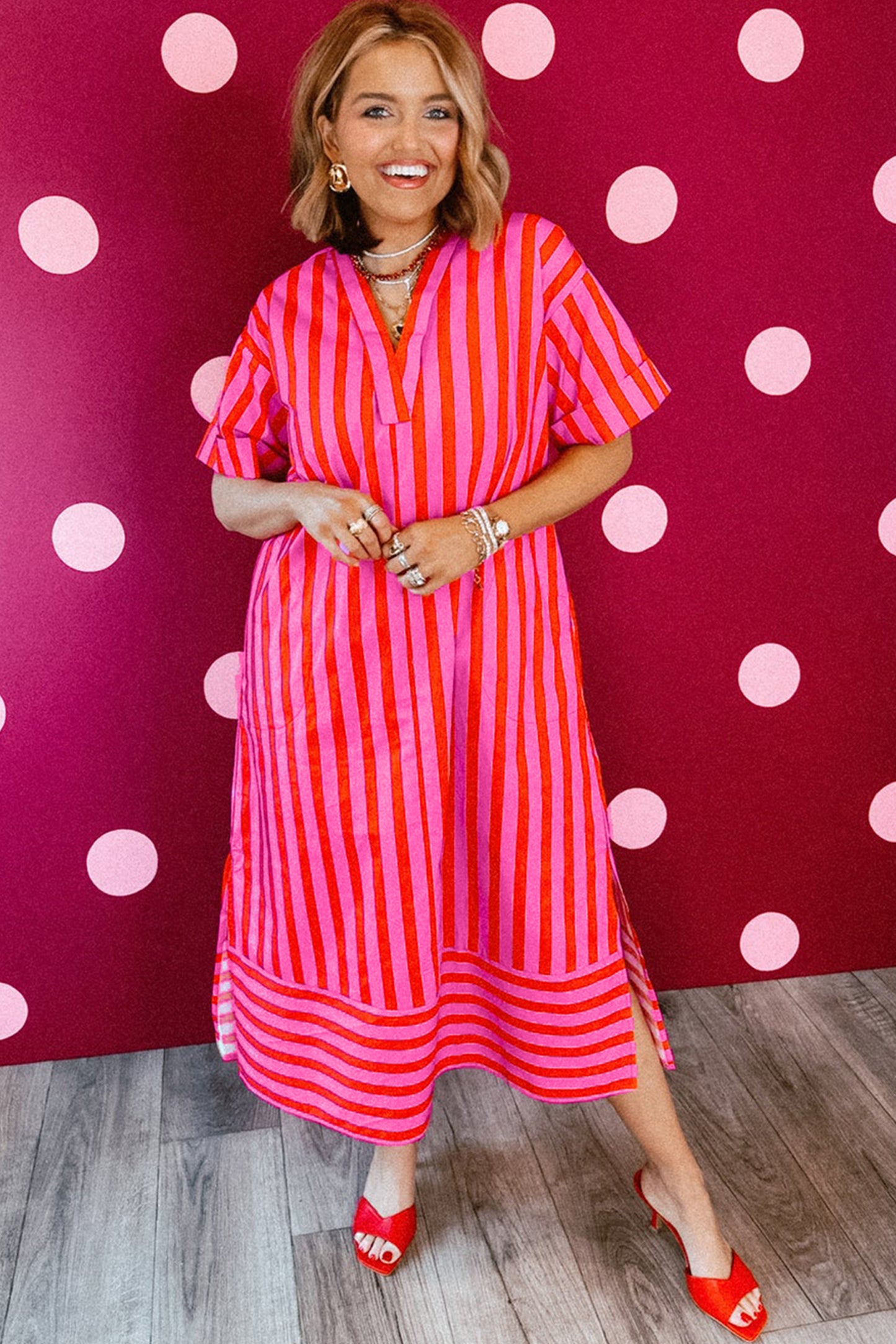 Striped Viscose Midi Dress Oversized Casual Vacation