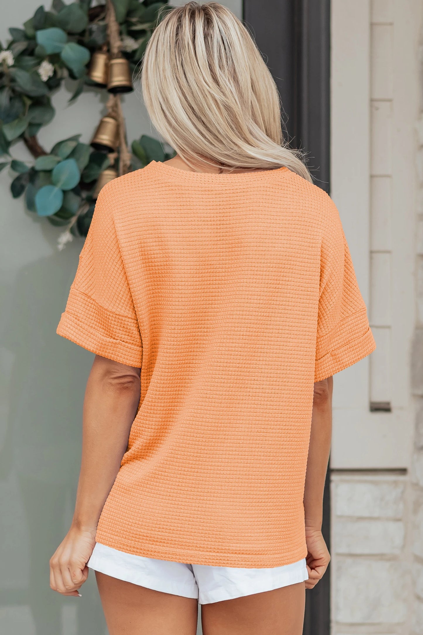 Clearly Aqua Waffle V Neck Short Sleeve Knit Top