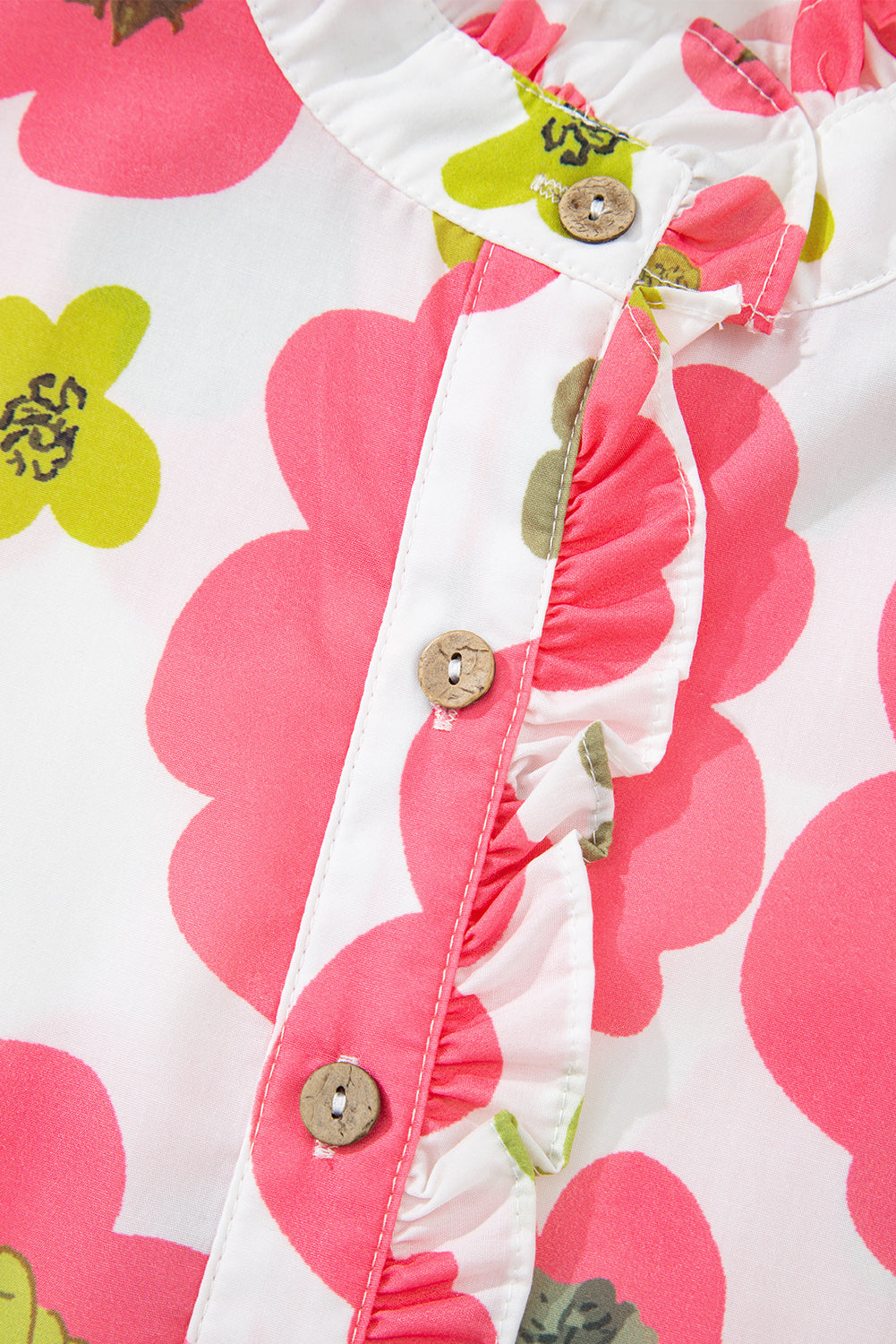 Pink Floral Ruffle Short Sleeve Striped Buttoned Collar Blouse