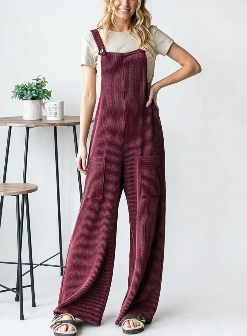 Sleeveless Ribbed Wide Leg Pocket Jumpsuit Women