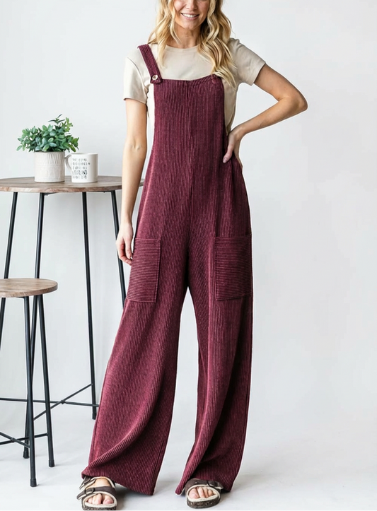 Sleeveless Ribbed Wide Leg Pocket Jumpsuit Women