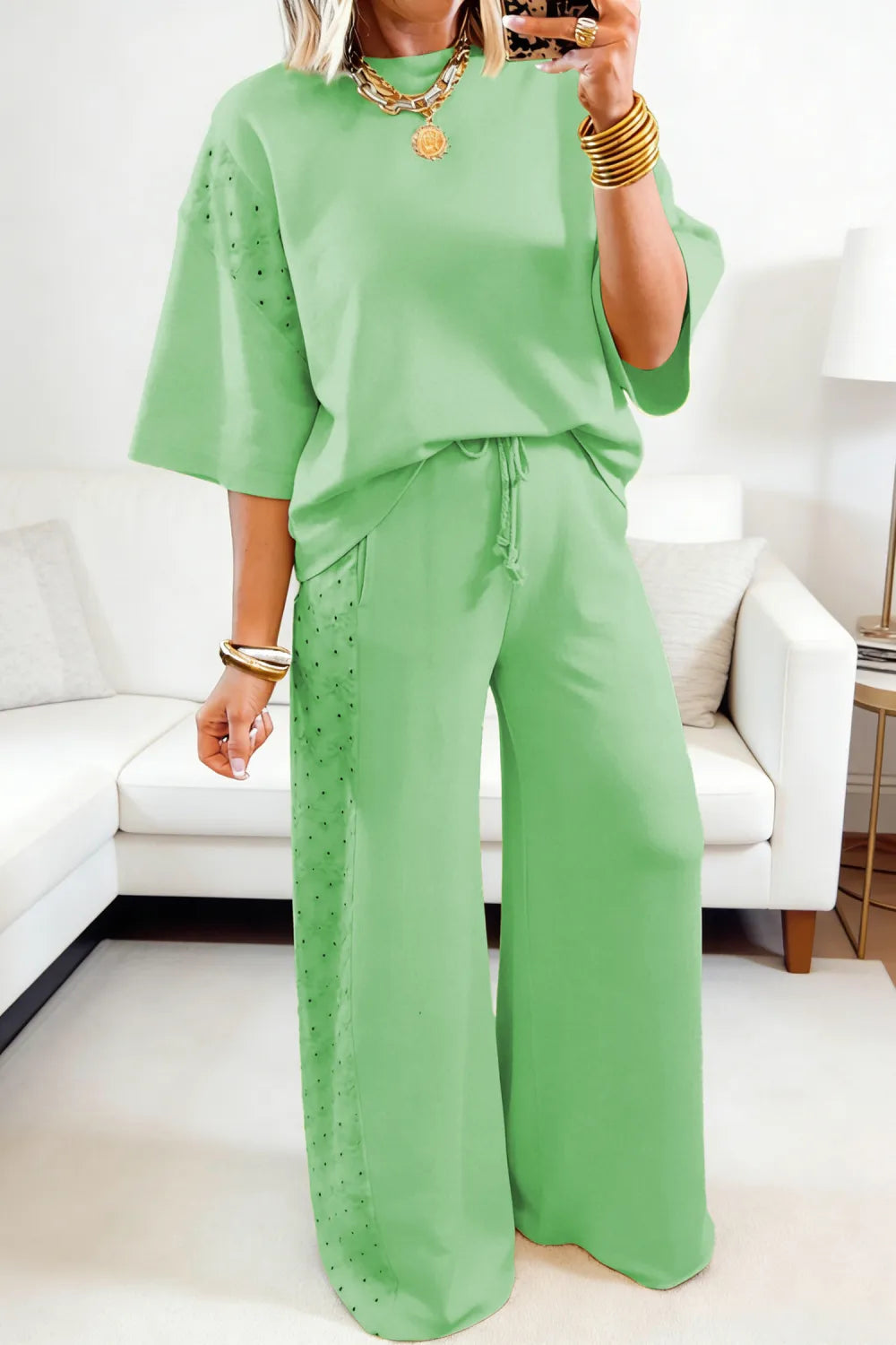 Sachet Pink Solid Color Eyelet Lace Patchwork Oversize Tee Drawstring Loose Pants 2pcs Outfit