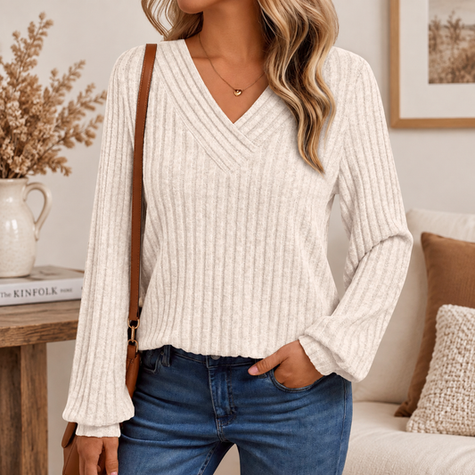 Women's Oversized Ribbed V Neck Long Sleeve Casual Top