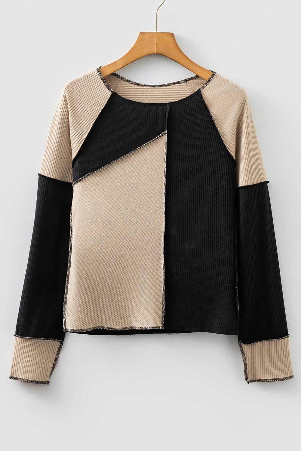 White Irregular Color Block Seaming Trim Rib Knit Top