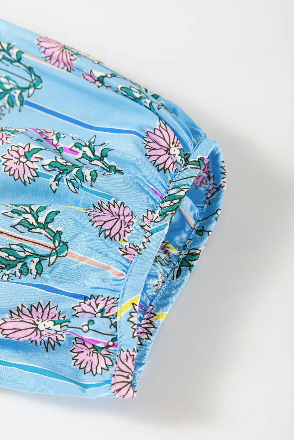 Sky Blue Floral Striped Print Shirred Yoke Split Neck Blouse