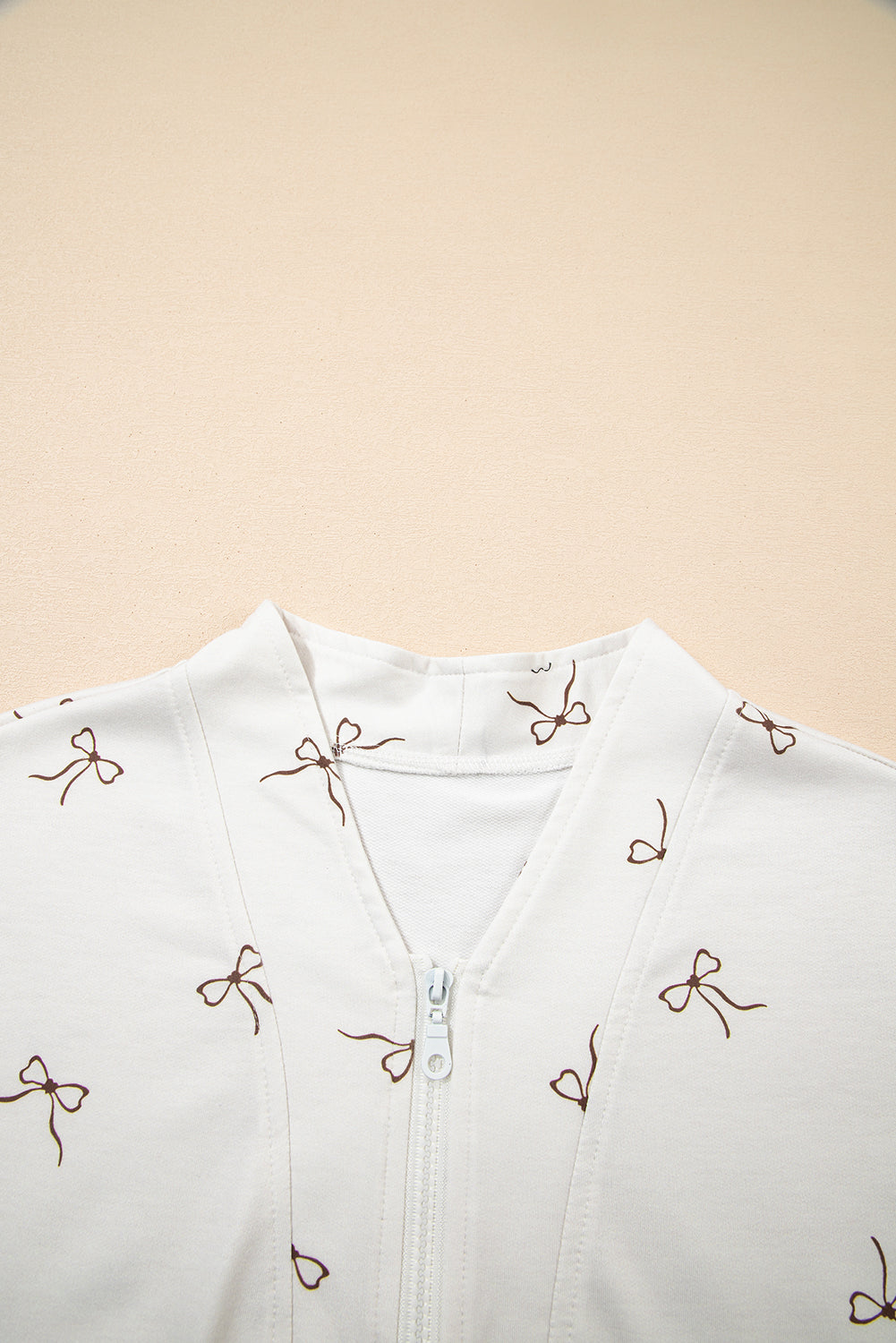 Beige Bow Print Half Zip Tank and Shorts 2pcs Set