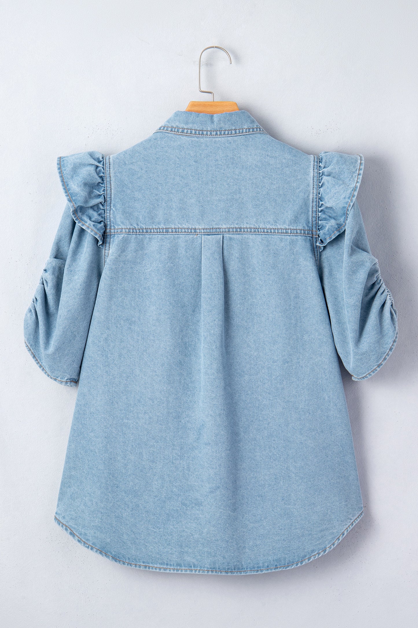 Myosotis Ruffle Detail Short Puff Sleeve Button Down Flap Pocket Denim Shirt