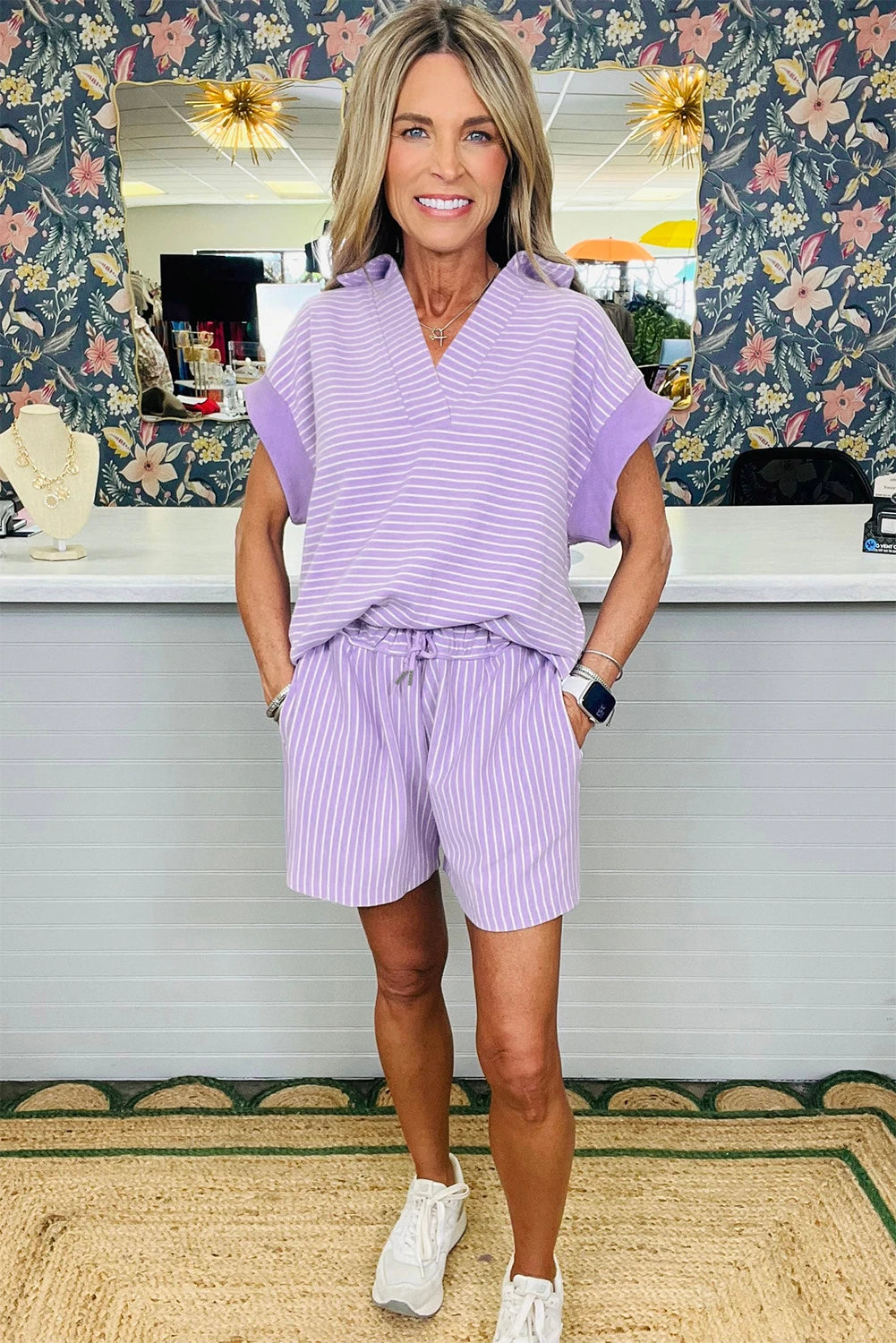 shop similar  shop similar  shop similar  shop similar  shop similar  shop similar  shop similar  shop similar  shop similar  shop similar  shop similar  shop similar  shop similar  Sky Blue Stripe Dolman Sleeve Polo Shirt and Drawstring Shorts Set