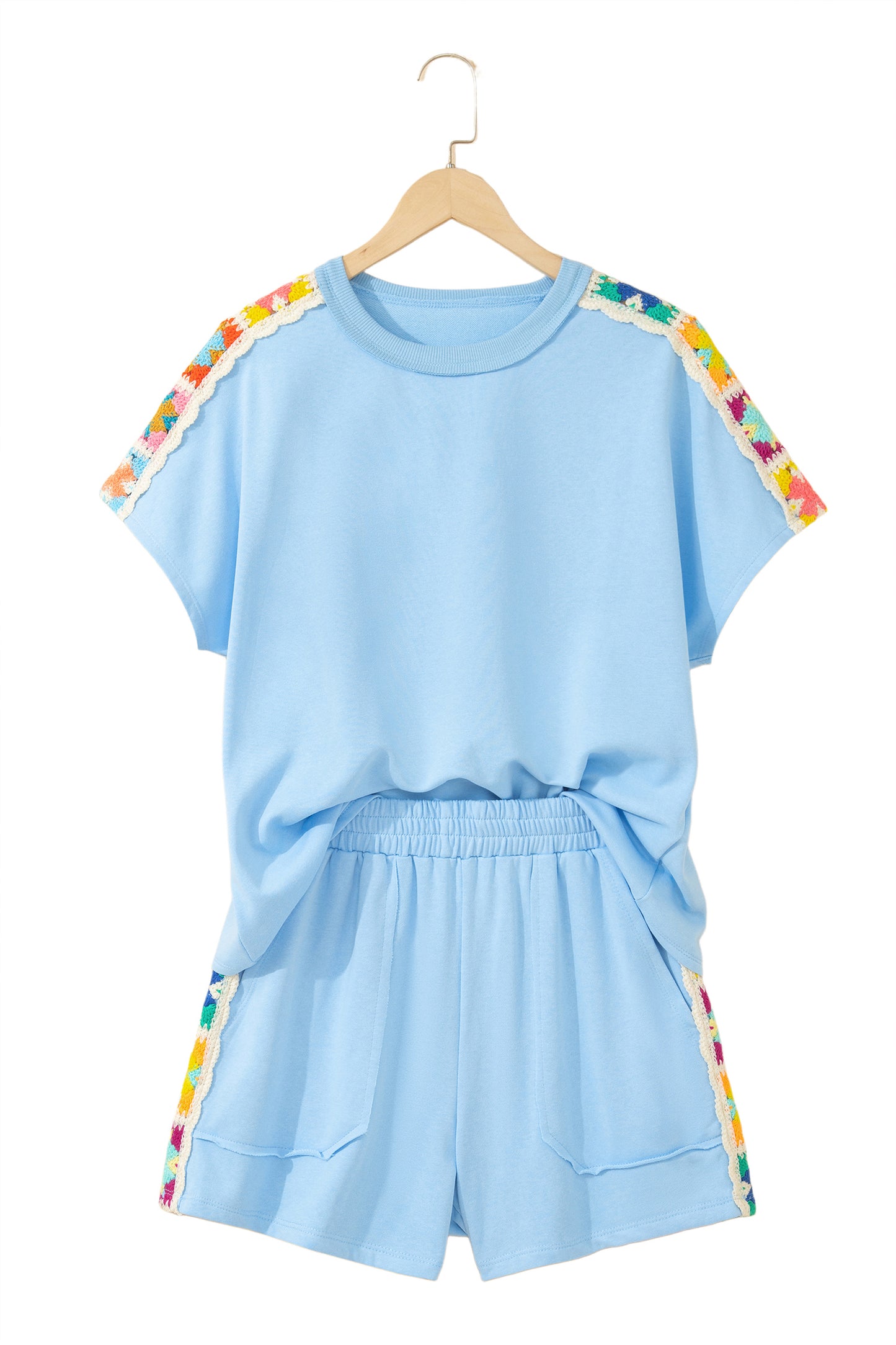 Solid Cotton Short Set Crochet Trim Lounge Outfit