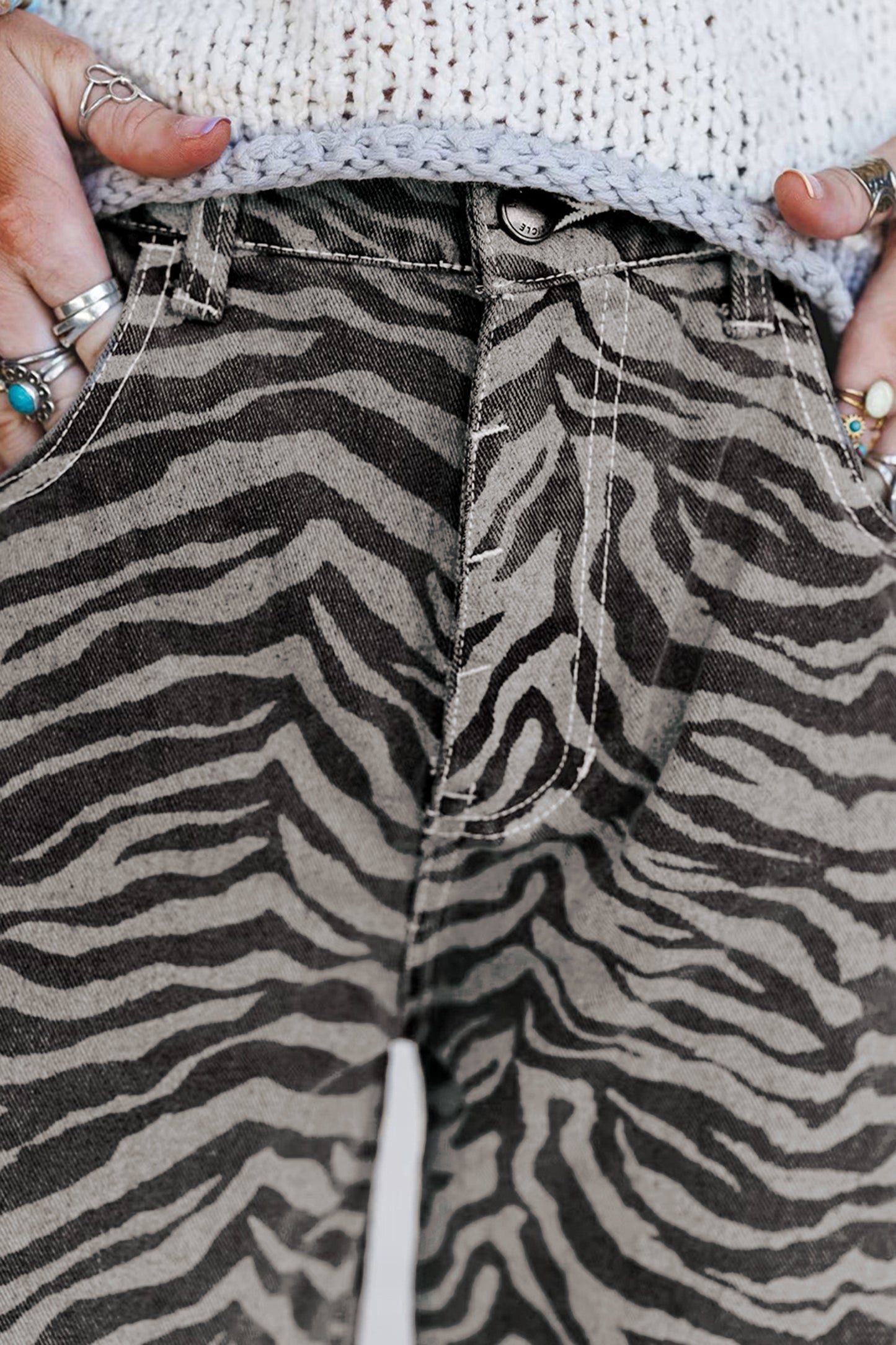 Gray Zebra Stripe Printed Wide Leg Jeans