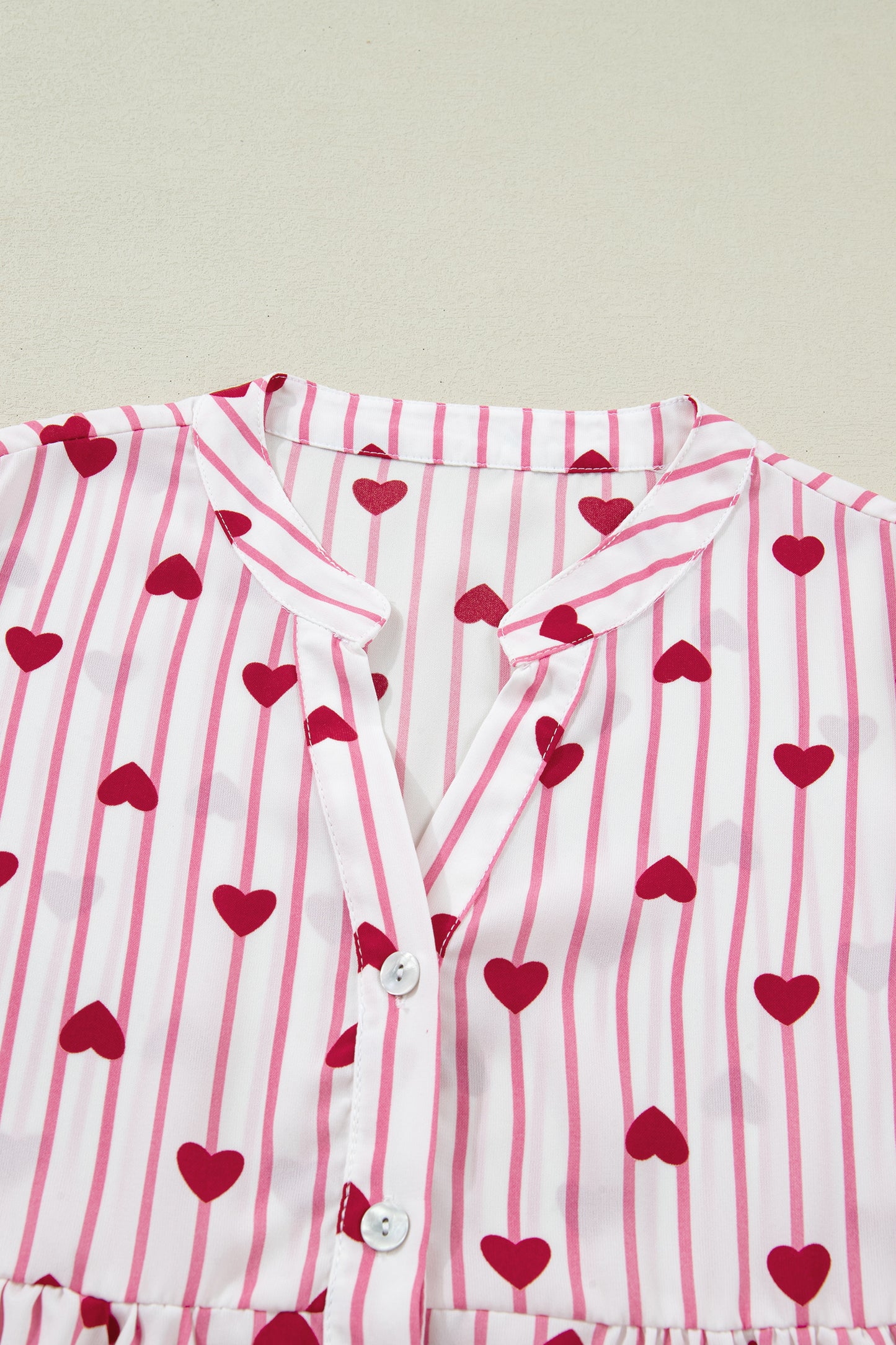 Pink Stripe Textured Heart Print Long Flounce Sleeve Shirt