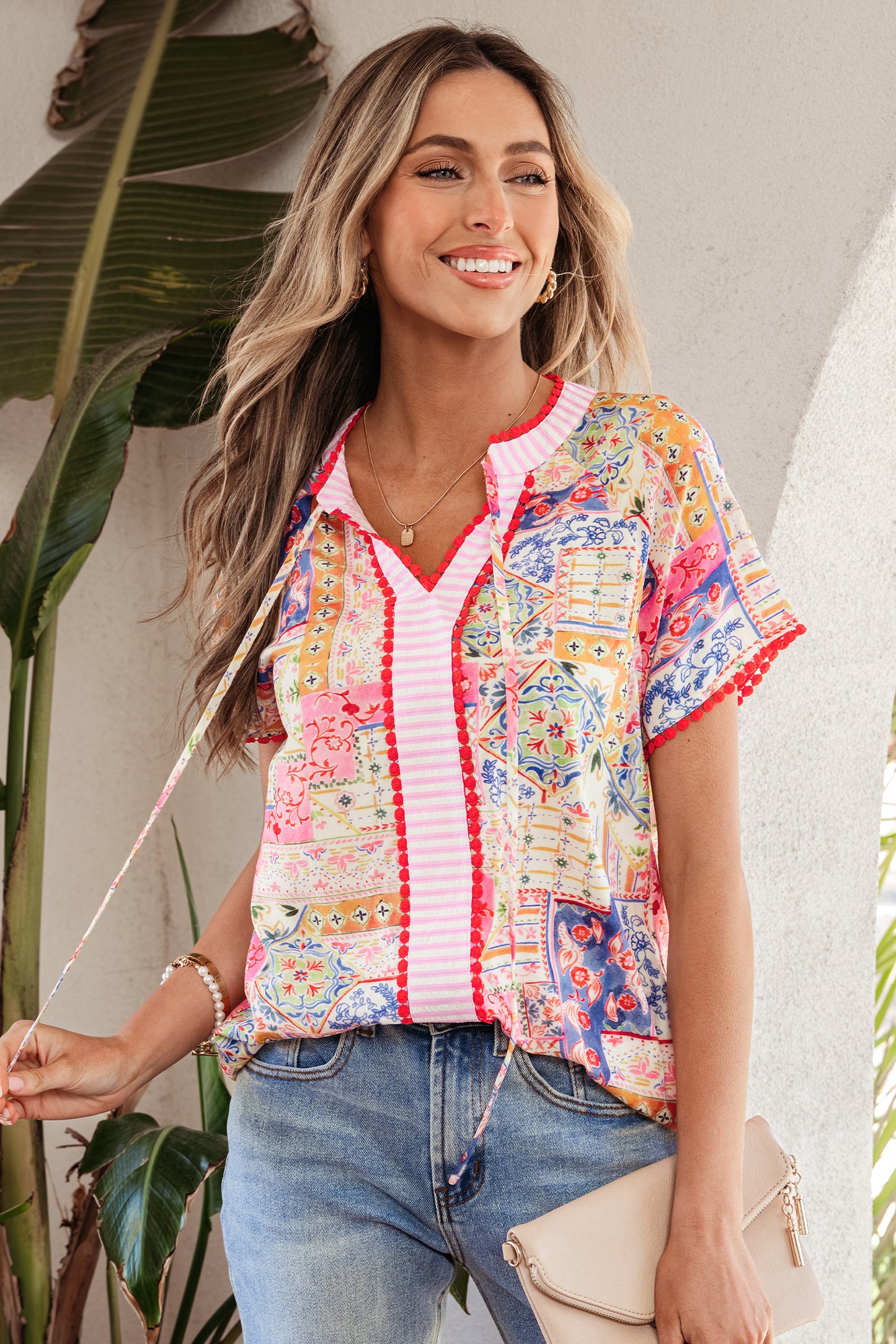 Red Mixed Print V Neck Short Sleeve Blouse