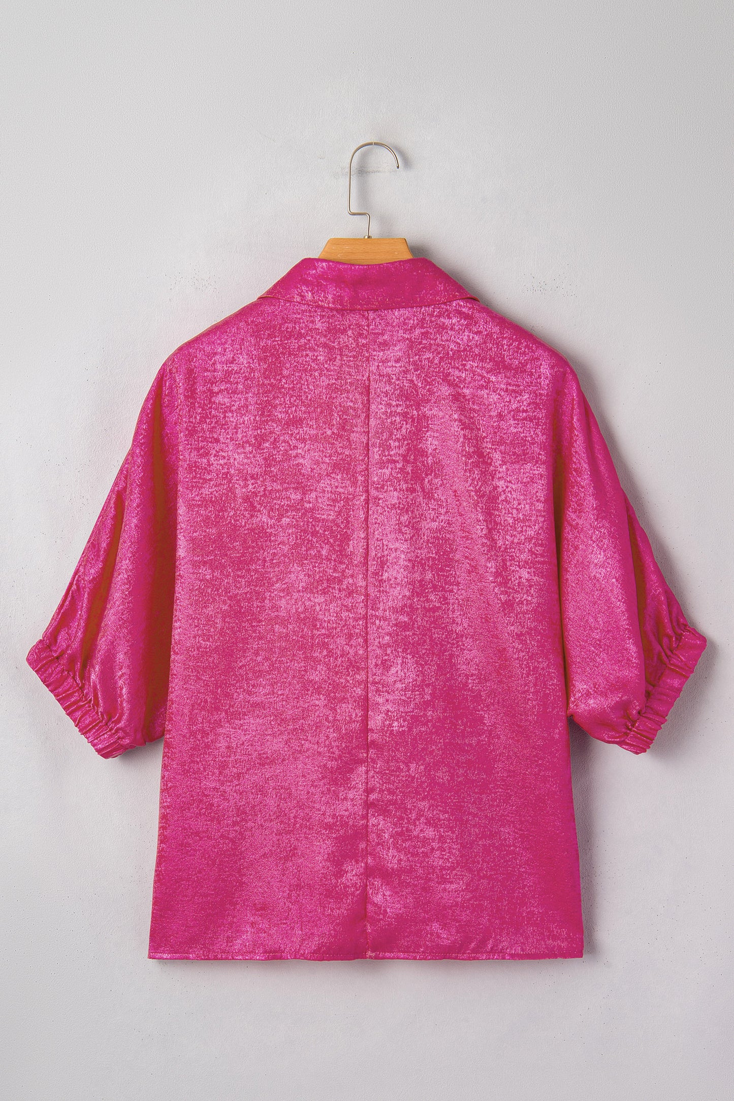 Strawberry Pink Collared V Neck Half Sleeve Metallic Top