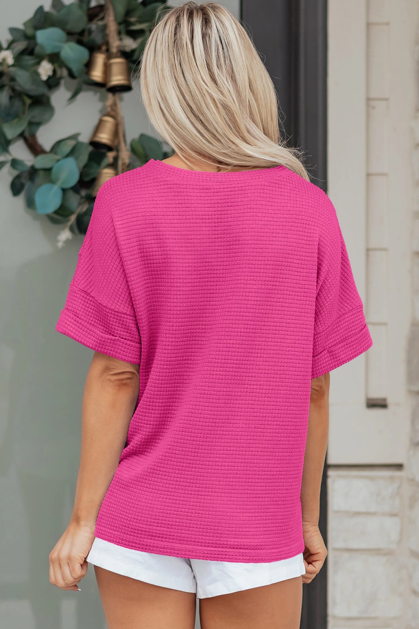 Clearly Aqua Waffle V Neck Short Sleeve Knit Top