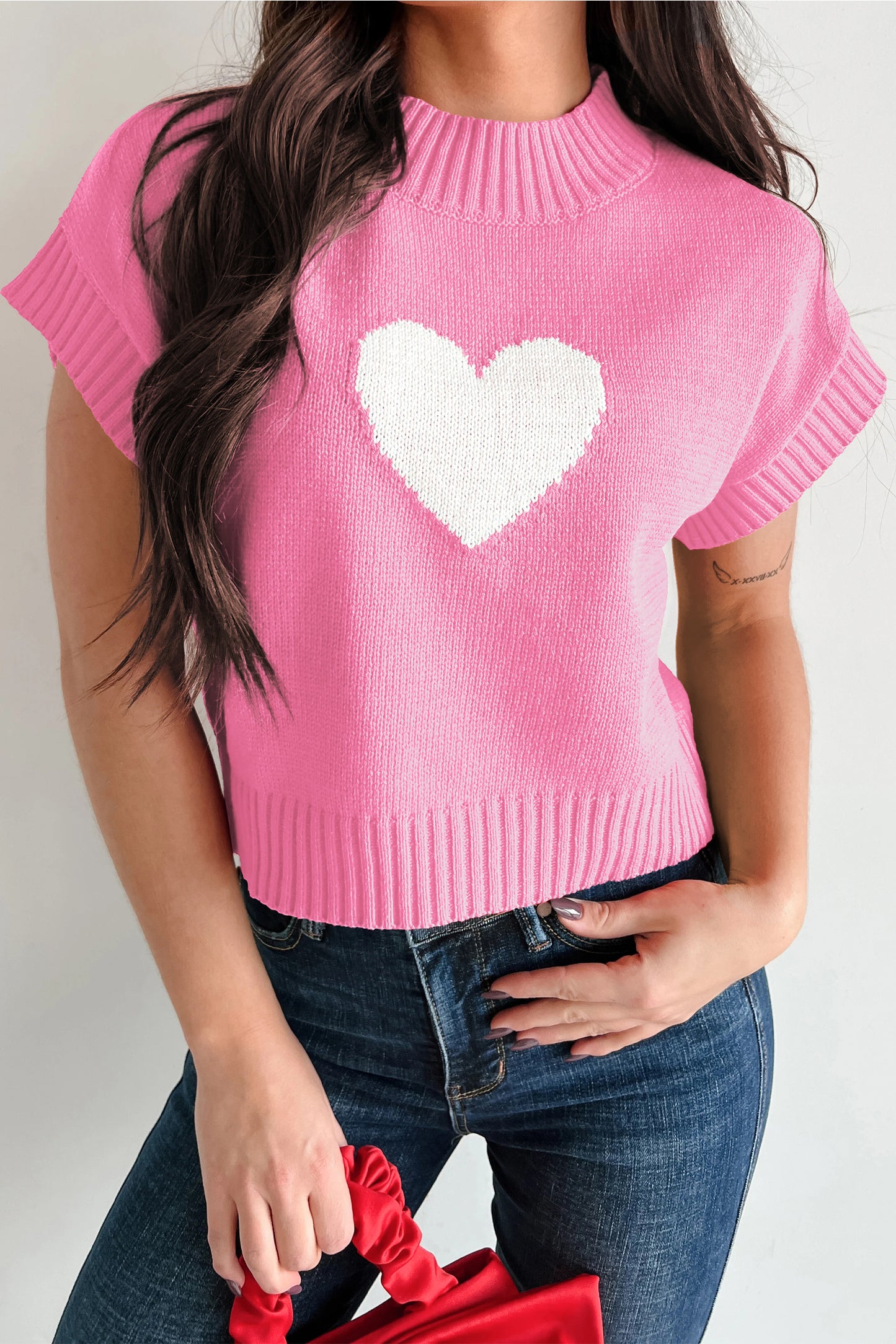 Fiery Red Valentine Heart Graphic Cropped Short Sleeve Sweater