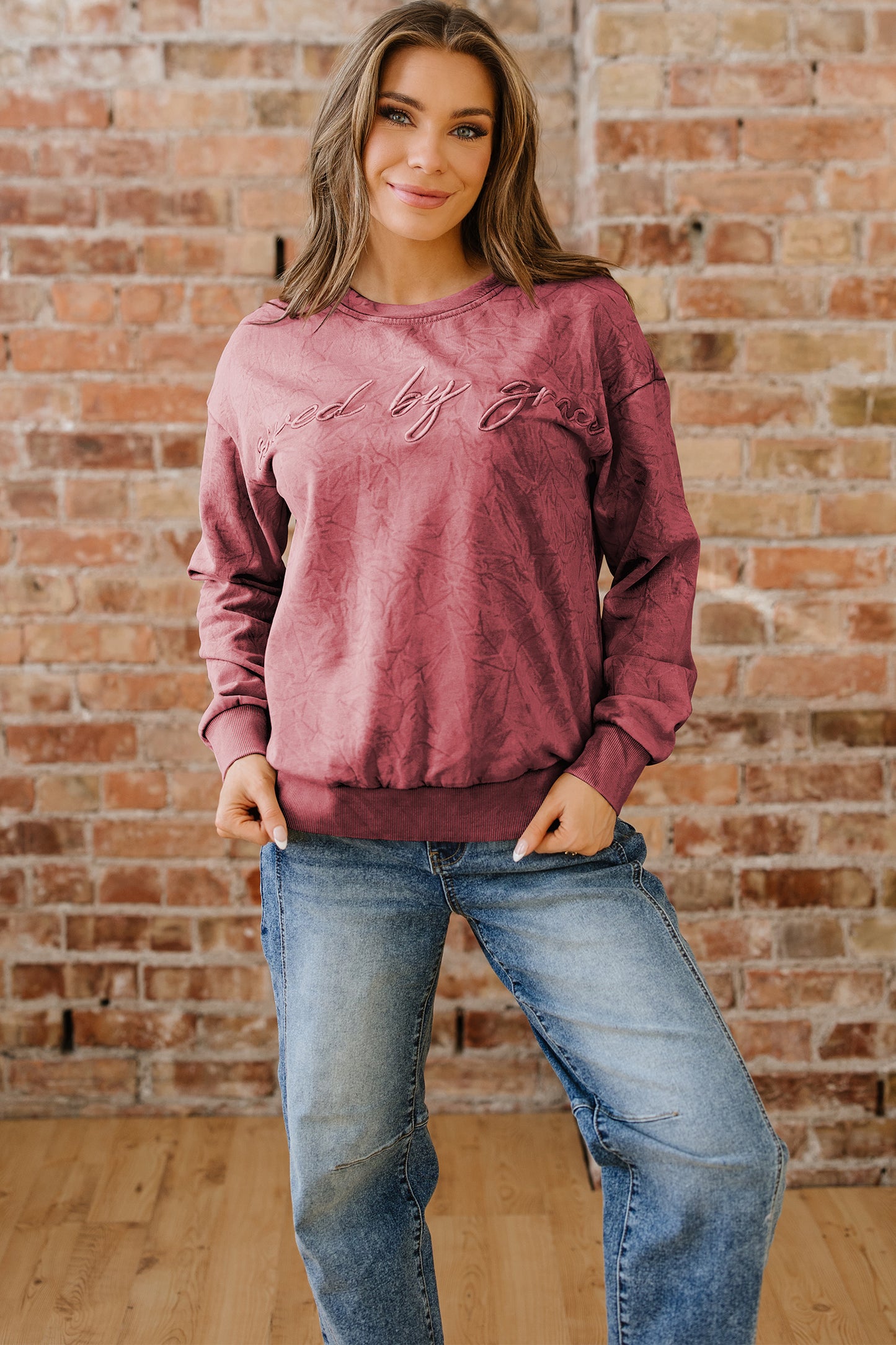 Saved by grace Letter Embroidery Mineral Wash Loose Sweatshirt