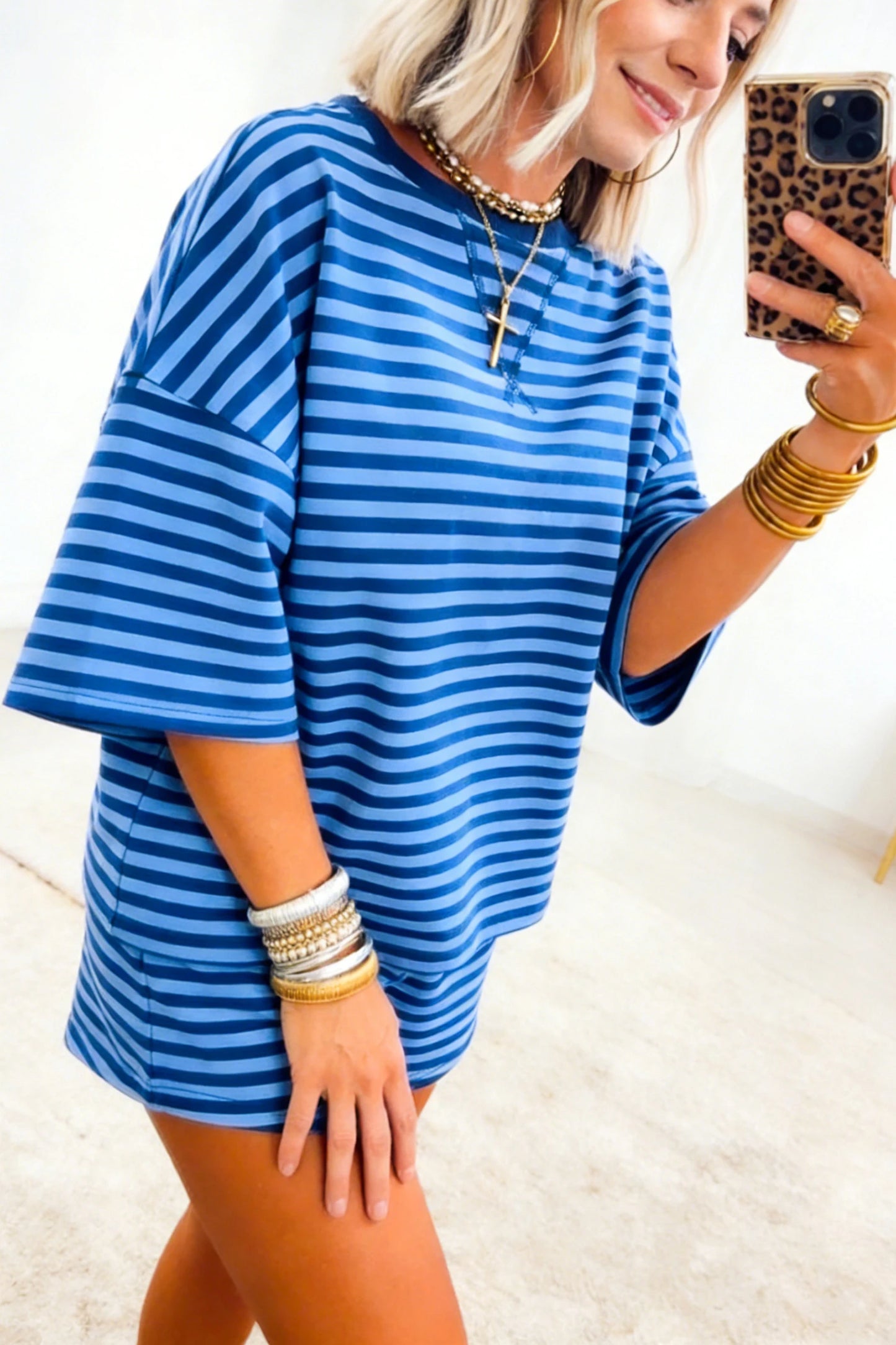 Stripe Dropped Shoulder Tee Loose 2pcs Short Set