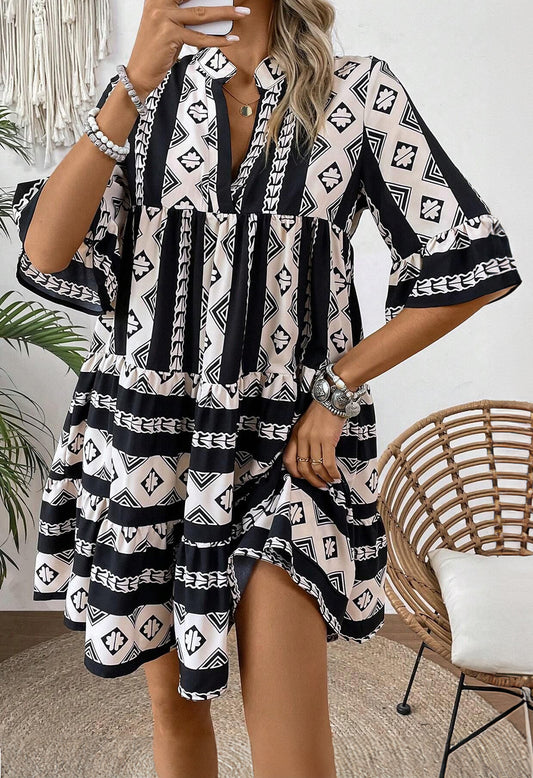 Solid Color Geometric Print V Neck Ruffled Dress