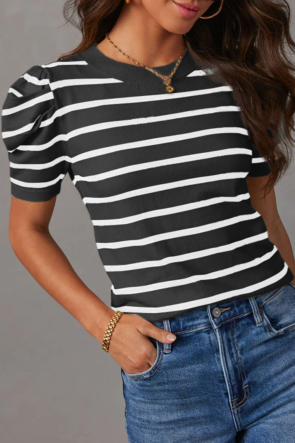 Black Stripe Ribbed Trim Round Neck Bubble Sleeve Knitted Top