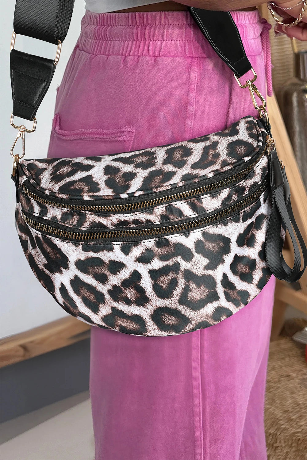 Print Gold Chain Strap Double Zipper Crossbody Bag