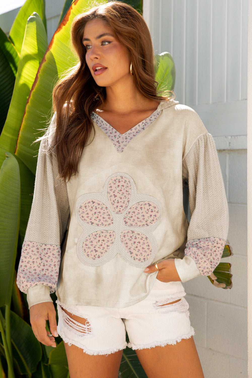 Beige Floral Patched Waffle Textured Colorblock V Neck Casual Hooded Top