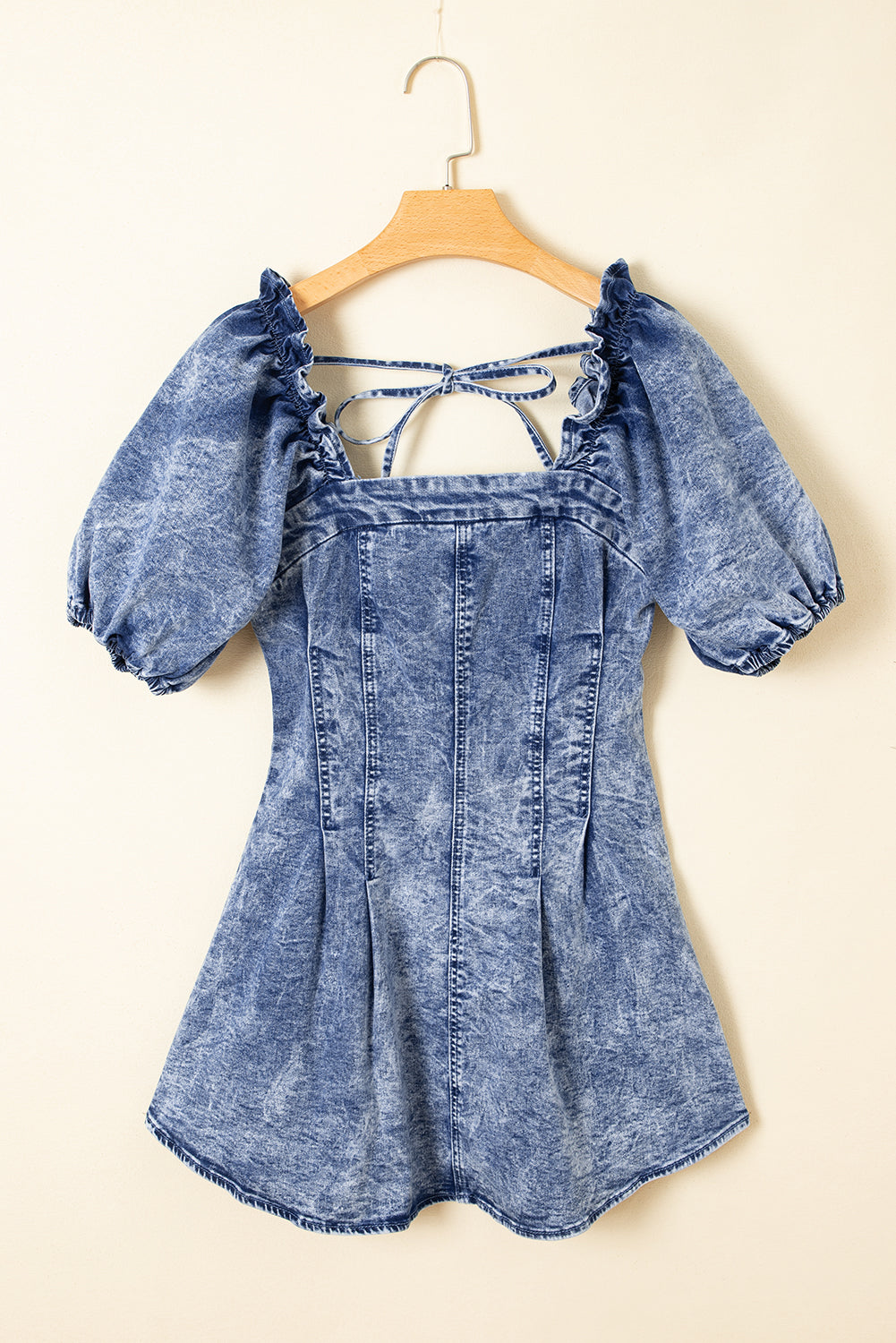 Frilly Square Neck Puff Sleeve Denim Bustier Dress