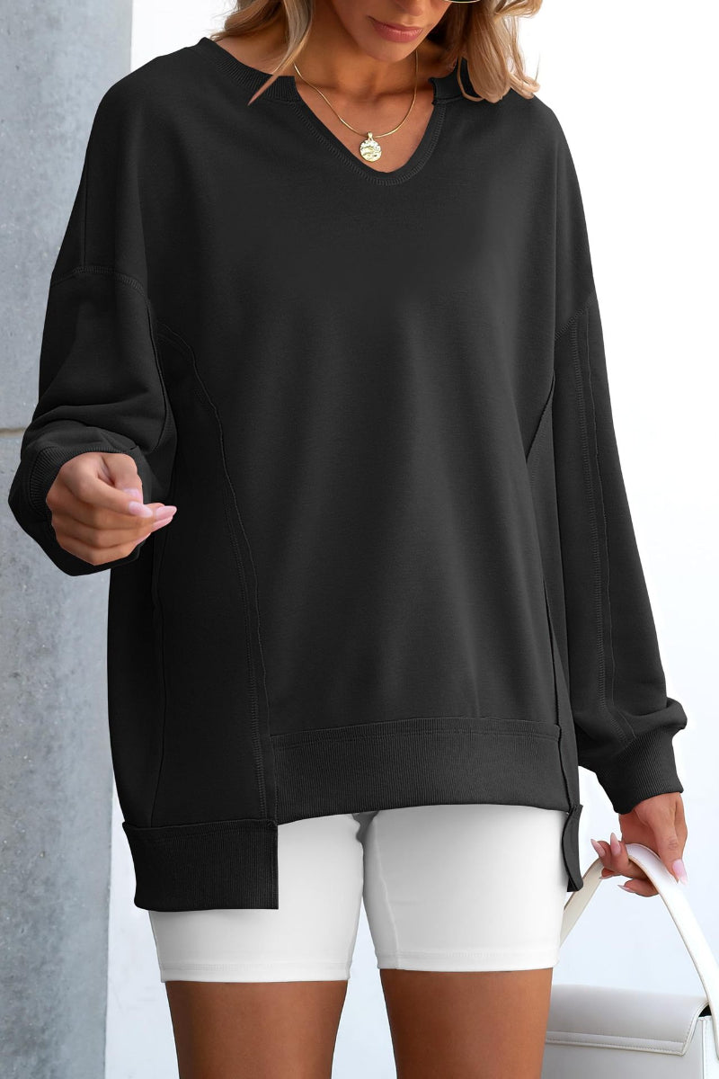 Striped V-Neck Pullover Sweatshirt with Contrast Trim