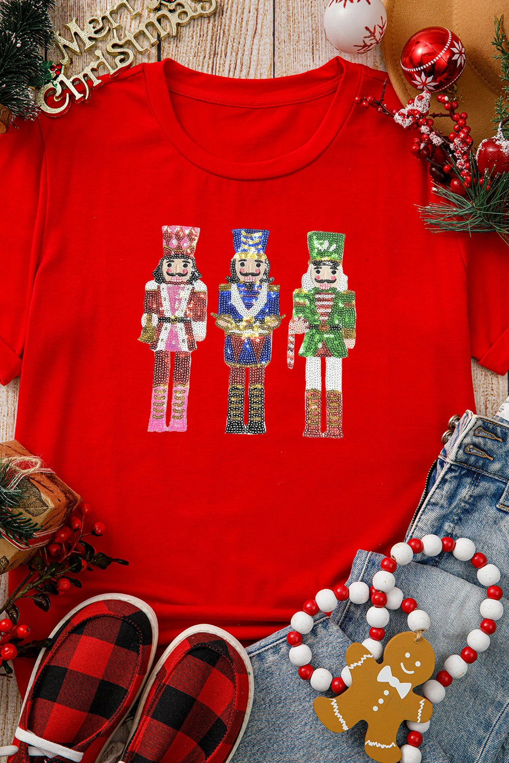 Red Sequined Christmas Nutcracker-man Graphic Cuffed Short Sleeve T Shirt