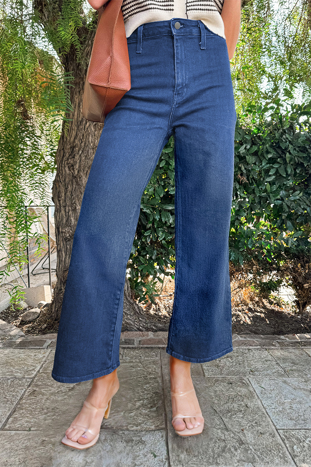 Dusk Blue Solid Color High Waist Straight Leg Jeans