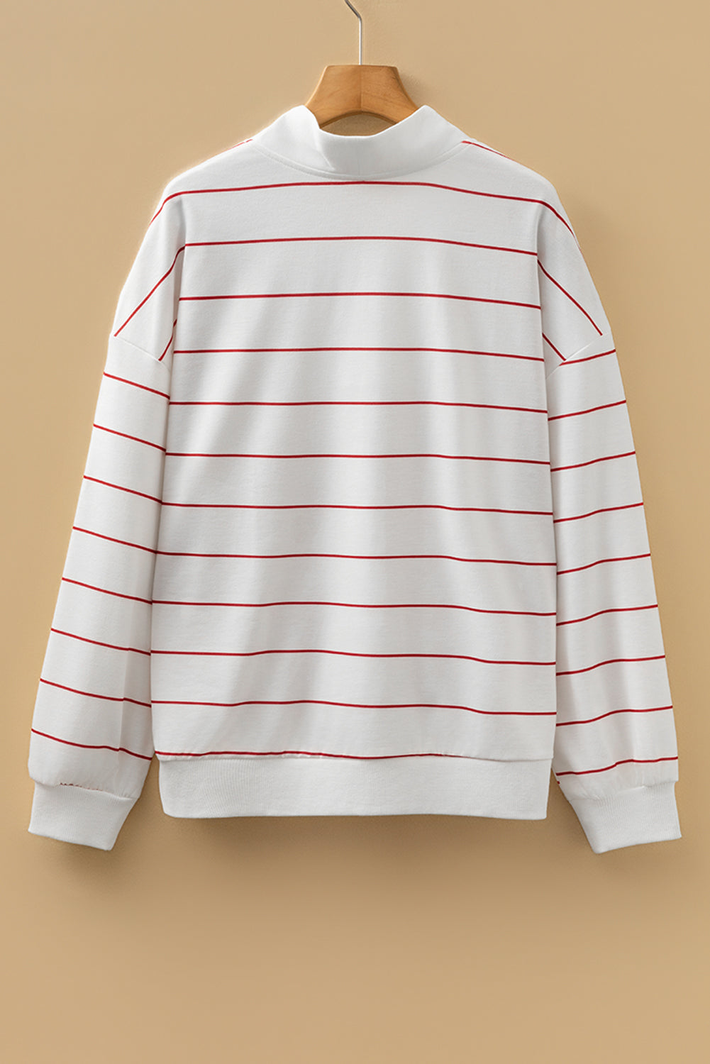 White Zip V Neck Casual Stripe Print Drop Shoulder Long Sleeve Top