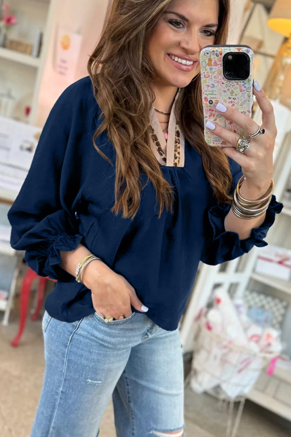 Violet Leopard Trim V Neck Flounced Bracelet Sleeve Blouse
