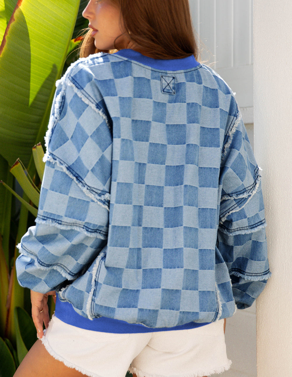 Sky Blue Checkerboard Splicing Raw Detail Oversized Denim Pullover