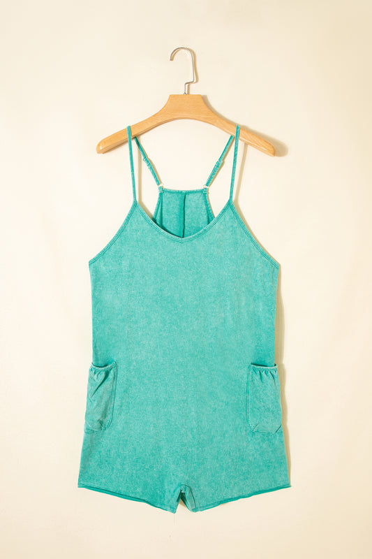 Mint Green Mineral Wash Spaghetti Straps Pocketed Romper