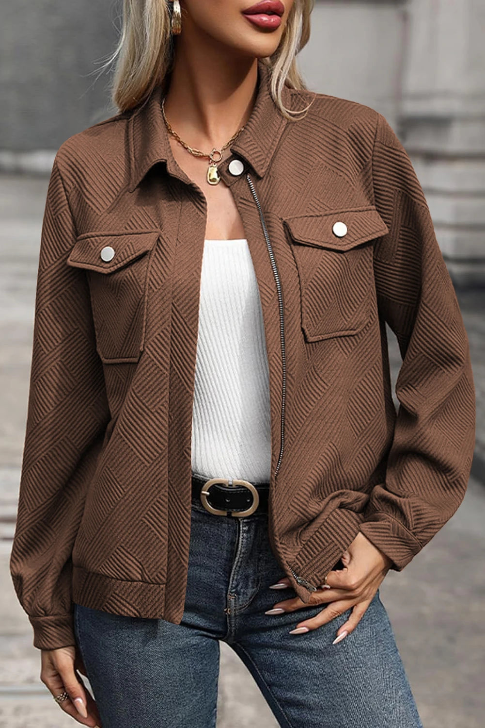Blackish Green Solid Color Zip Up Button Flap Pocket Shirt Collar Jackets