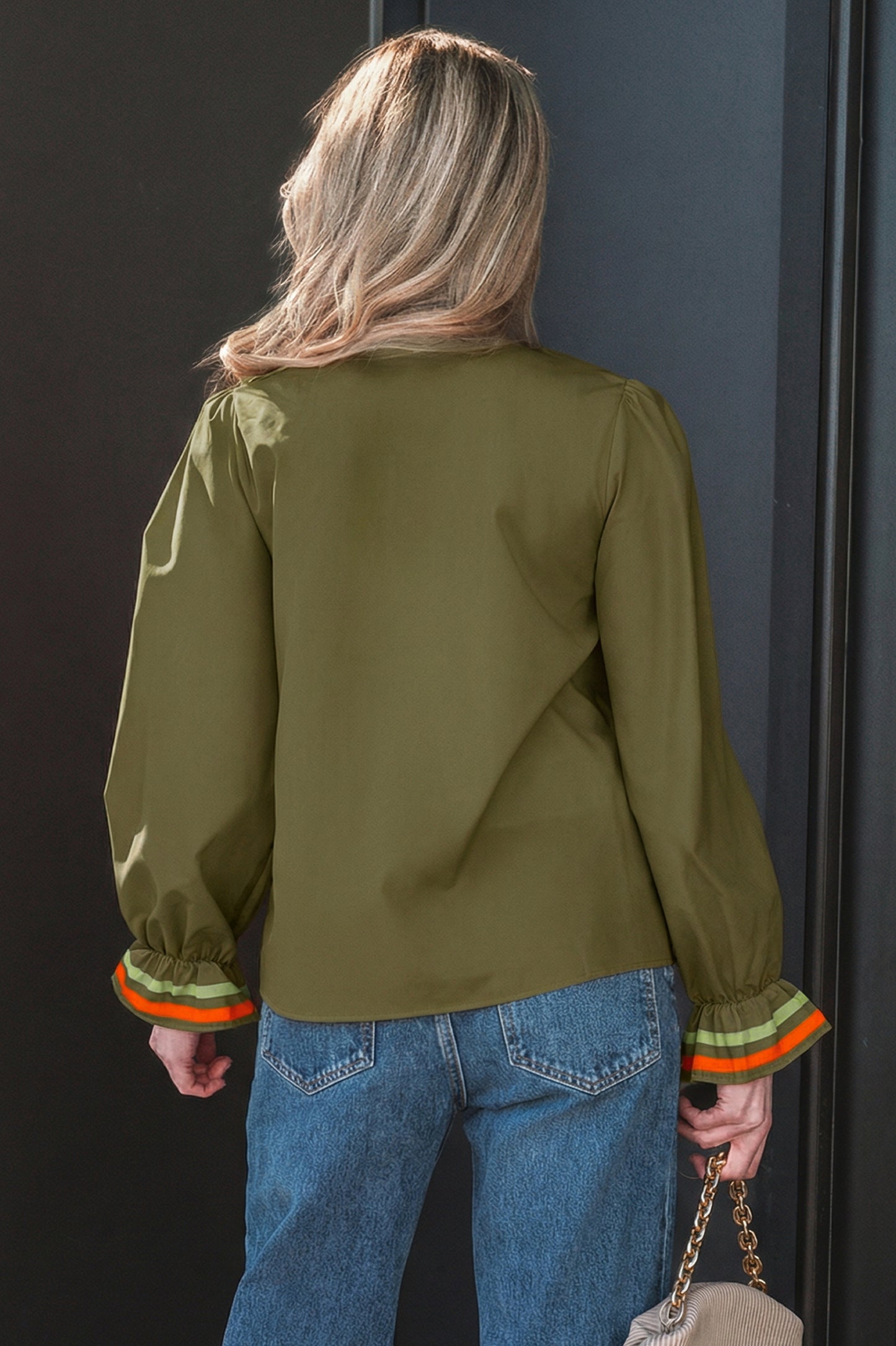 Black Striped Trim Ruffle Split Neck Long Sleeve Blouse