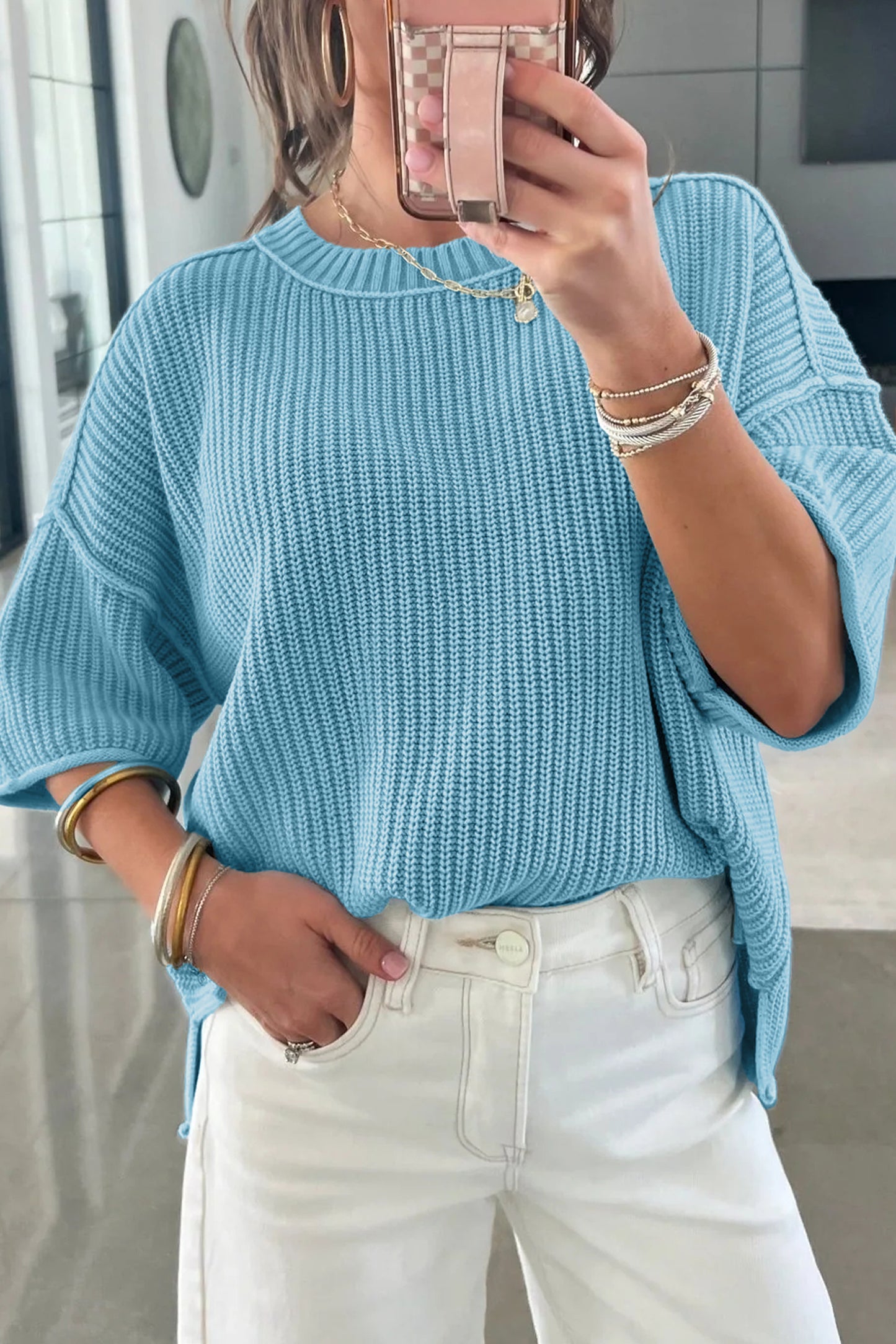 Mist Blue Exposed Seam Half Sleeve Knit Loose Sweater