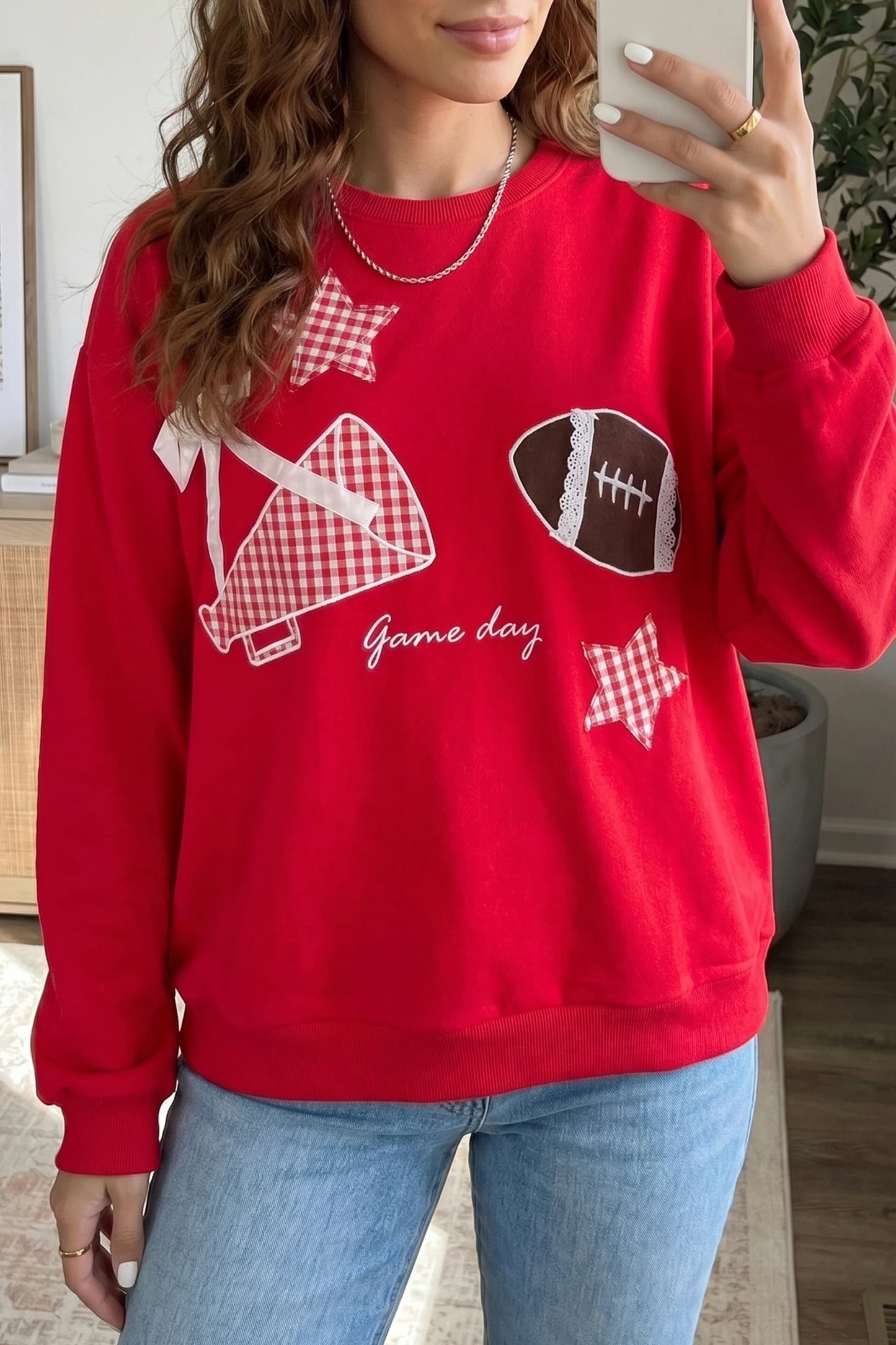 Gingham Patch Embroidered Rugby Game Day Stars Sweatshirt