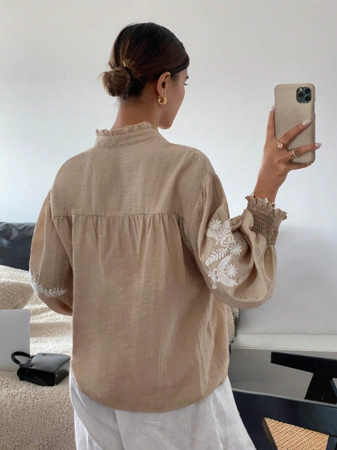 Floral Blend Blouse Boho Embroidered Puff Sleeve