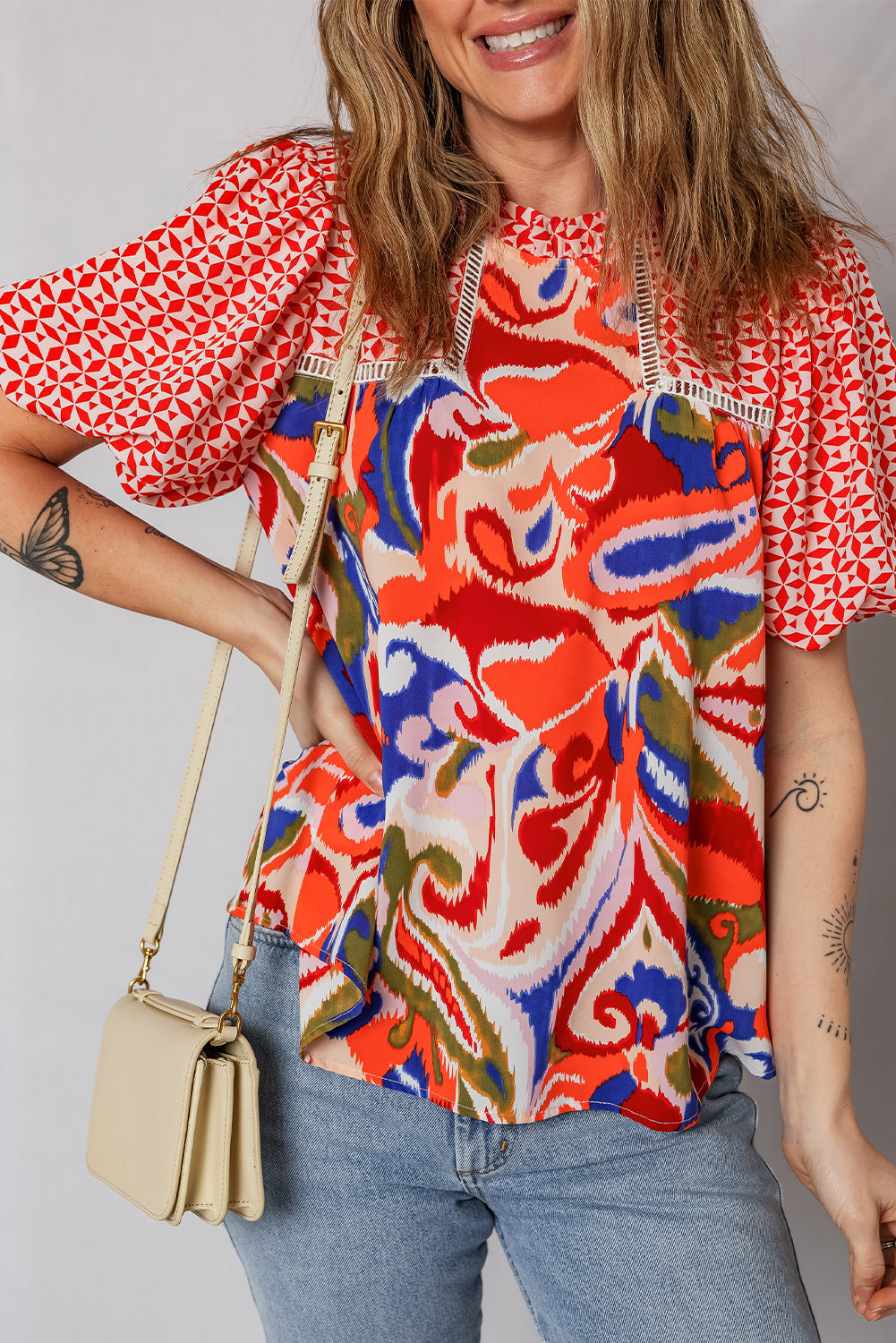 Patchwork Abstract Blouse Boho Puff Sleeve Top