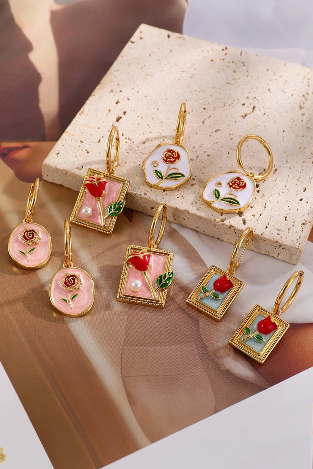 Gold Plated Hoop Rose Pearl Square Charm Earrings