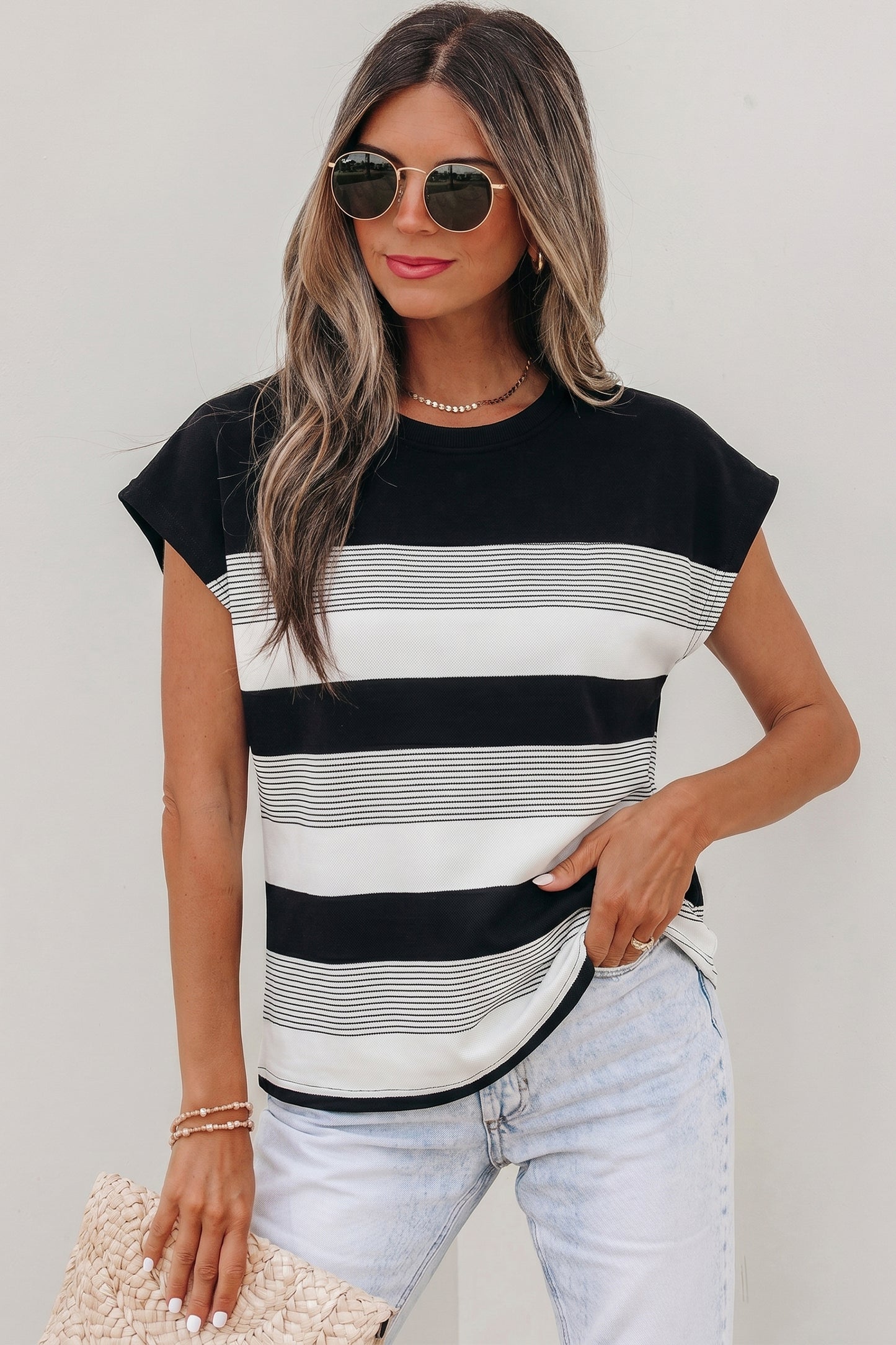 Green Stripe Mixed Print Crew Neck Cap Sleeve T Shirt