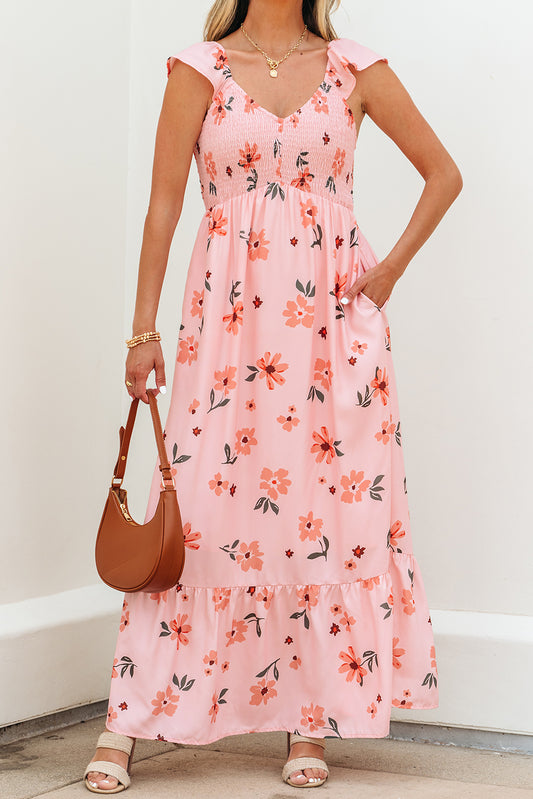 Pink Floral V Neck Smocked High Waist Ruffle Hem Long Dress