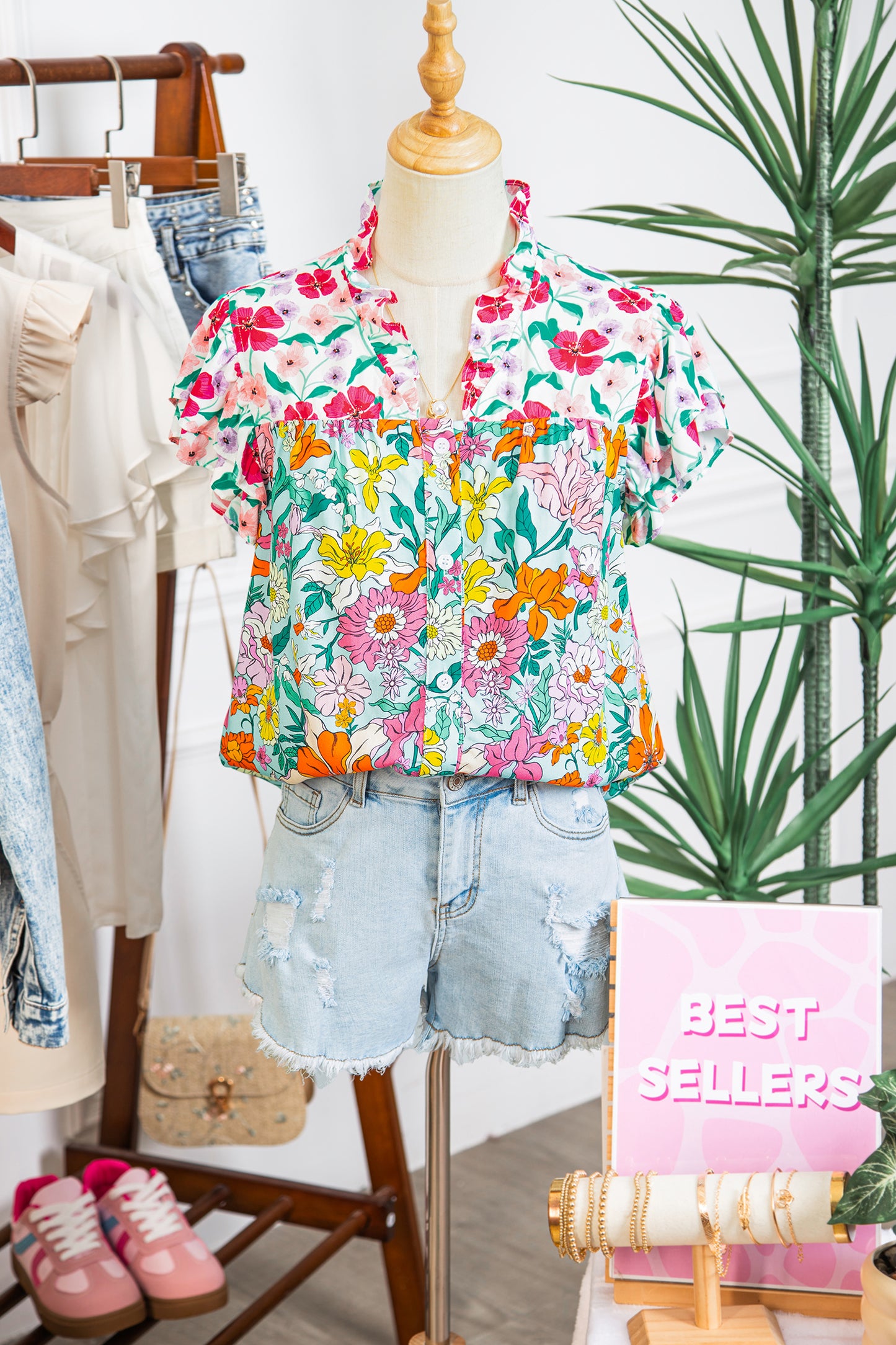 Sky Blue Floral Print Split Neck Button Front Flutter Sleeve Blouse